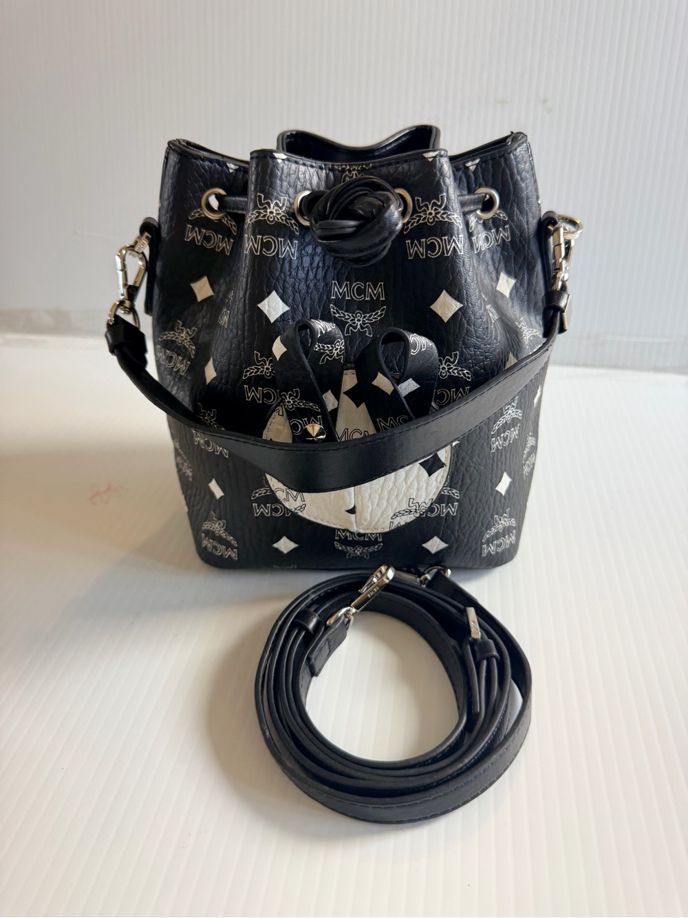 MCM Black Visetos Monogram Bucket Crossbody Bag
